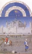 The medieval Louvre is in the background of the October calendar page (mk05) LIMBOURG brothers